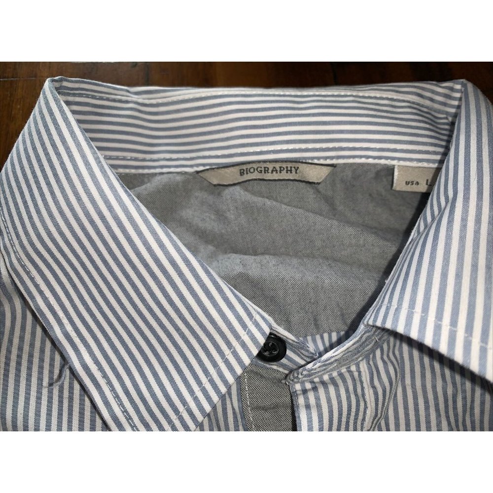 Biography Made In Usa Pinstripe Large Blue Button Down Shirt Fitted Elbow pads